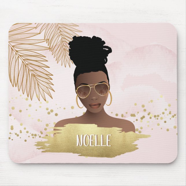 Mousepad Mulher Negra, Folhas e Formas Douradas Tropicais,  (Frente)
