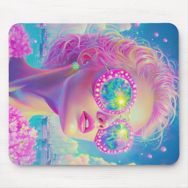 Mousepad Mulher Neon Glamorosa com Óculos Espumantes (Frente)