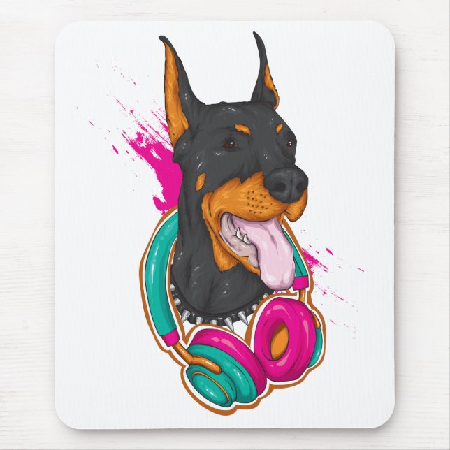 Mousepad Music Lover Puppy Dog Cartoon Doberman Pincher (Frente)