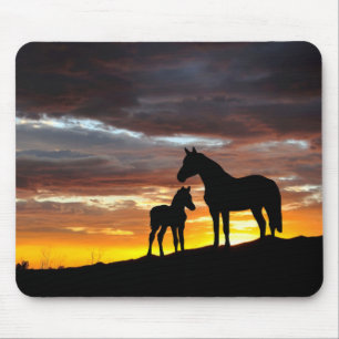 Mousepad Mustang Mare e Foal Silhuette com Sunset