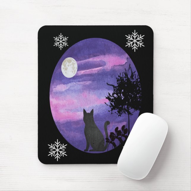 Mousepad Mystical Cat Under Moon – Dreamy Purple Night Wate (Com mouse)
