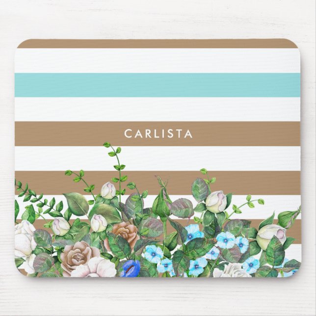 Mousepad Na moda Aqua e Tan Floral e Stripes com Nome (Frente)