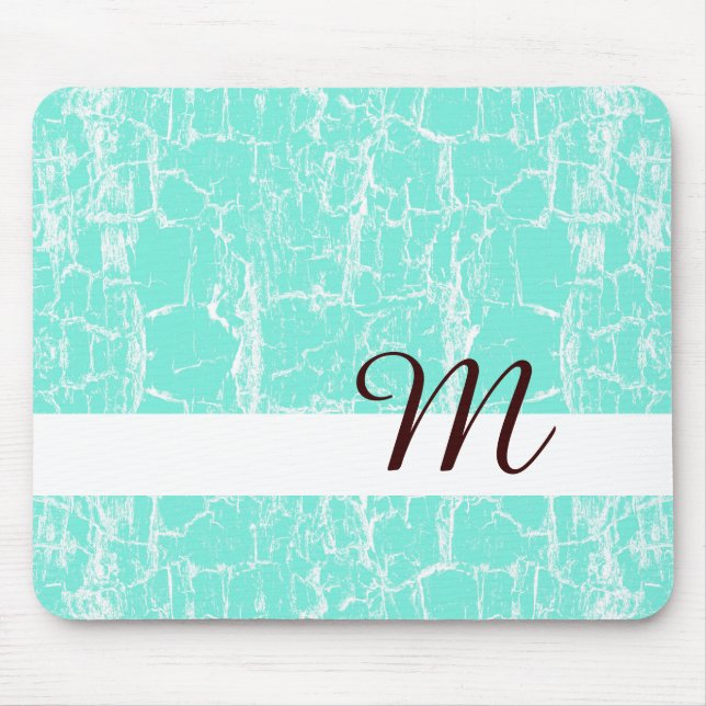 Mousepad Na moda Aqua Mint Crackle com Monograma Inicial (Frente)
