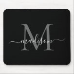 Mousepad Na moda Black White Monograma Script Simples Moder<br><div class="desc">Mouse Simples Moderno com Script Monograma Branco Preto na moda</div>