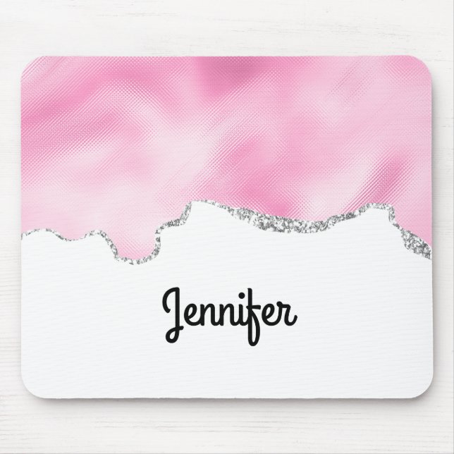 Mousepad Na moda de Borda Glitter Cintilante Rosa e Silver  (Frente)