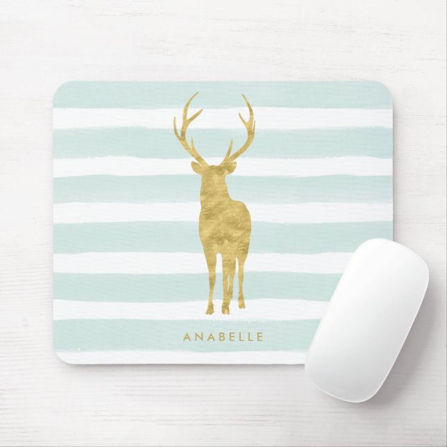 Mousepad Na moda Faux Gold Foil Deer on Mint Strips (Com mouse)