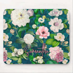 Mousepad Na moda floral flores cor-de-rosa padrão monograma