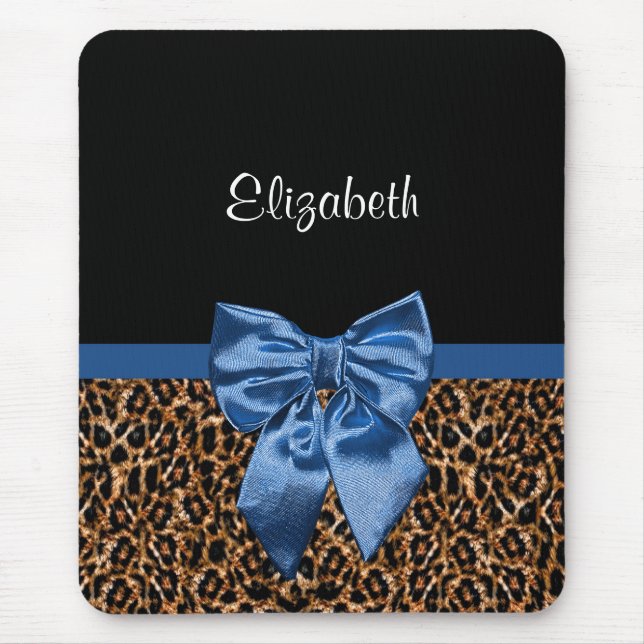 Mousepad Na moda Leopard Print Elegante Blue Arco e nome (Frente)