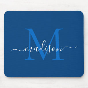 Mousepad Na moda Marinho Azul, Branco, Monograma, Script Mo