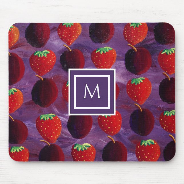 Mousepad Na moda Monograma Ameixas iniciais e Morangos (Frente)