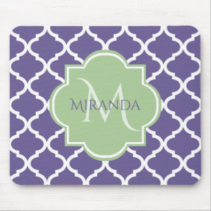 Mousepad Na moda Purple Quatrefoil e Nome Monograma Verde