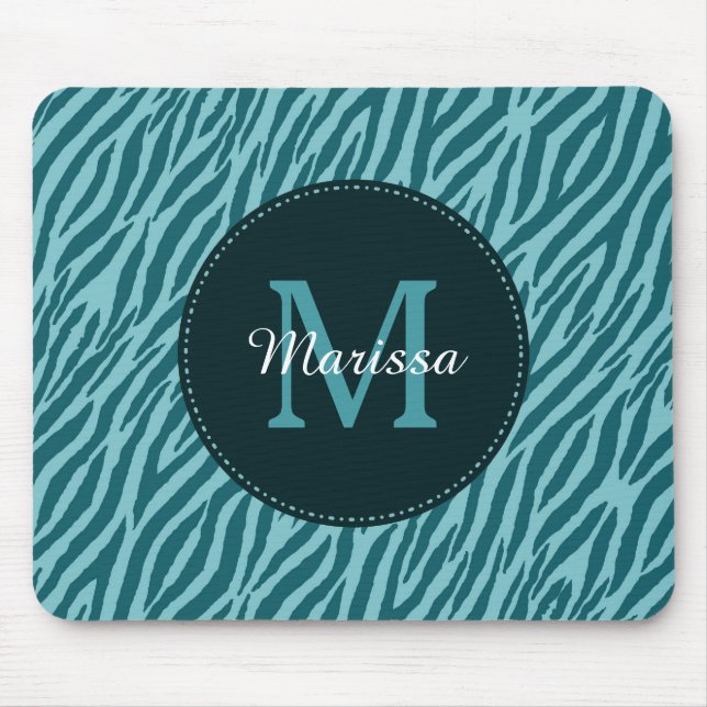 Mousepad Na moda Teal Zebra Impressa com Monograma e Nome (Frente)