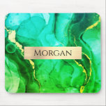 Mousepad Name, Teal Yellow & Green Liquid Ink, Gold Bar<br><div class="desc">Personalize name (or monogram) in black on faux brushed gold metal bar on teal,  yellow,  and green ink abstract.</div>