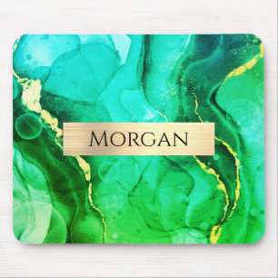 Mousepad Name, Teal Yellow & Green Liquid Ink, Gold Bar