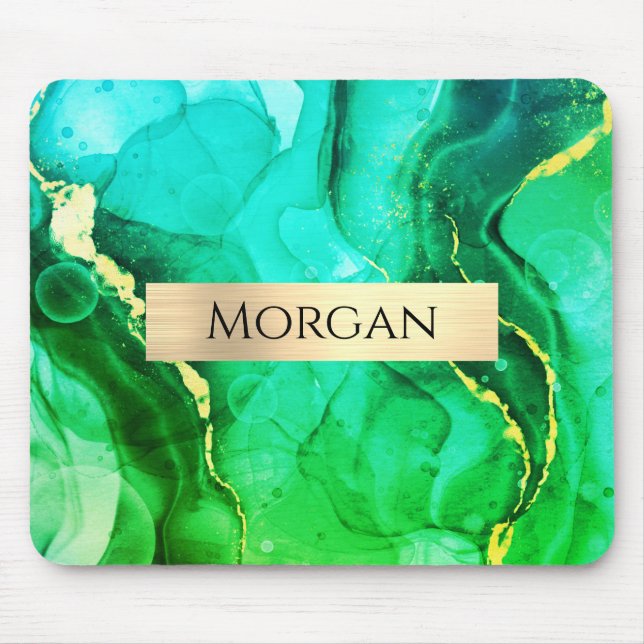 Mousepad Name, Teal Yellow & Green Liquid Ink, Gold Bar (Frente)
