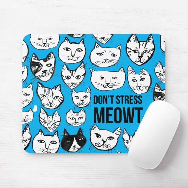 Mousepad Não enfatize o padrão de cabeça de gato MEOWT azul (Com mouse)