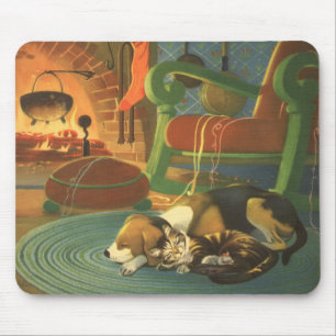 Mousepad Natais vintages, Animais Dormindo por Lareira