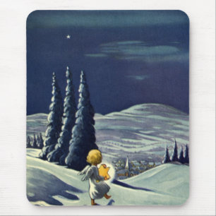 Mousepad Natais vintages, Anjo da Neve Andando com uma Estr
