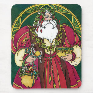 Mousepad Natais vintages, Papai Noel com Holly Leaves