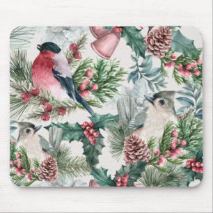 Mousepad Natais vintages Pássaros e pinheiros padrão flor