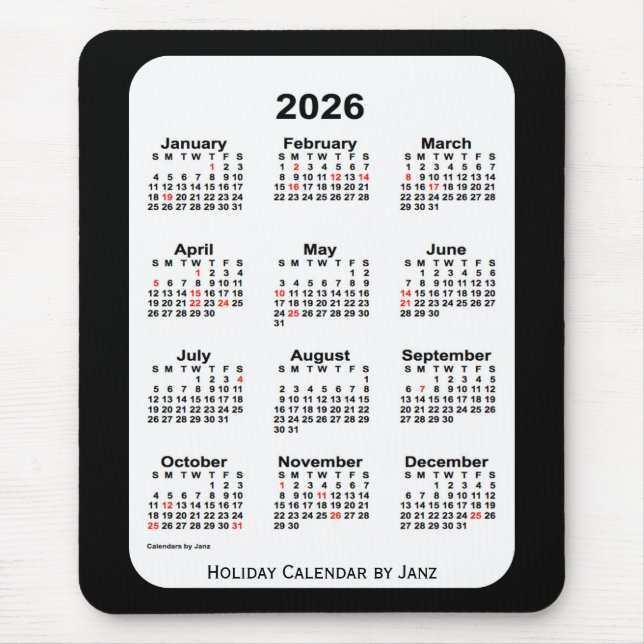 Mousepad Natal 2026 Calendário preto de dois tons por Janz (Frente)