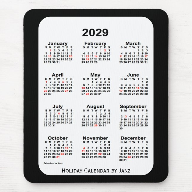 Mousepad Natal 2029 Calendário preto de dois tons por Janz (Frente)