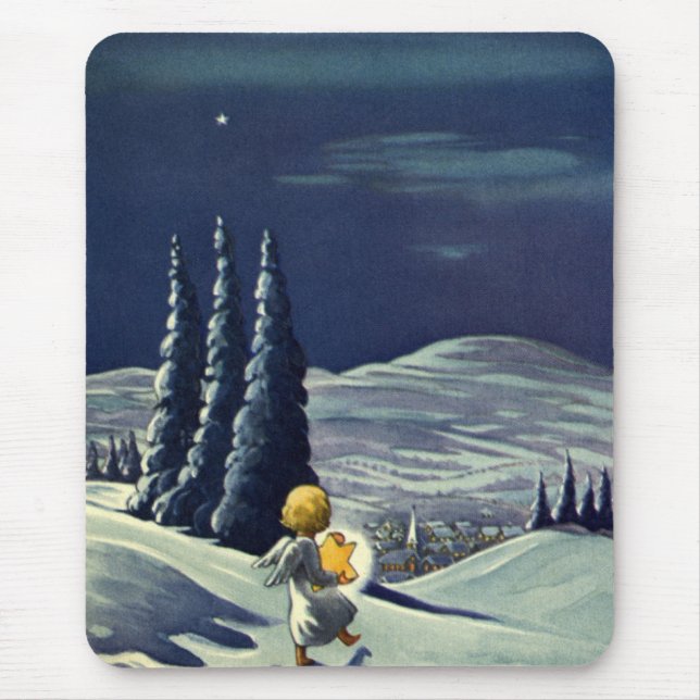 Mousepad Natal Antigo, Anjo da Neve Caminhando com uma Estr (Frente)