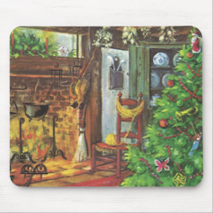 Mousepad Natal Antigo, Cabana Aconchegante com Lareira