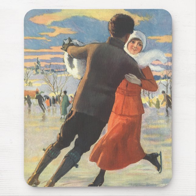 Mousepad Natal Antigo, Casal Romântico Patinando no Gelo (Frente)
