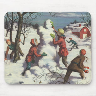 Mousepad Natal Antigo, Crianças Brigando com Bolas de Neve