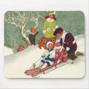 Mousepad Natal Antigo, Crianças Deslizando no Trono na Neve