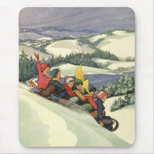 Mousepad Natal Antigo, Crianças Puxando Trenó em uma Montan