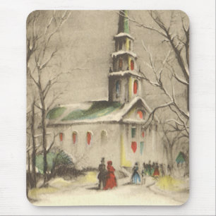 Mousepad Natal Antigo, Igreja na Paisagem Invernal