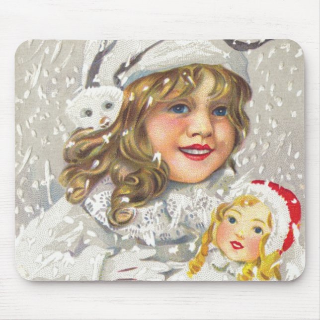 Mousepad Natal Antigo Menina Vitoriana com Boneca na Neve (Frente)