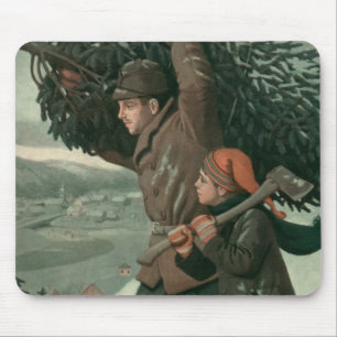 Mousepad Natal Antigo, Pai e Filho Cortam uma Árvore