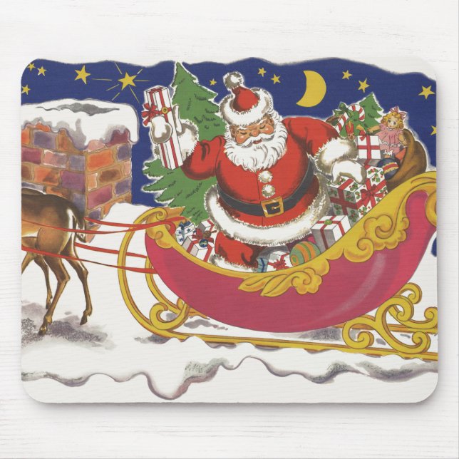 Mousepad Natal Antigo, Papai Noel Alegre com Trenó (Frente)
