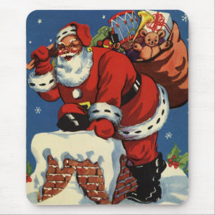 Mousepad Natal Antigo, Papai Noel Descendo a Chaminé com Br