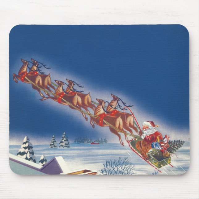 Mousepad Natal Antigo, Papai Noel Voando com Trenó e Rena (Frente)