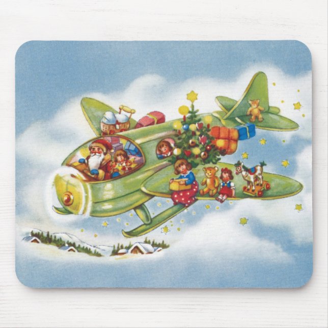 Mousepad Natal Antigo, Papai Noel Voando em um Avião (Frente)