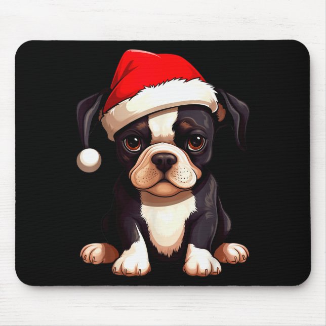Mousepad Natal Boston Terrier Cachorro Chapéu de Papai Noel (Frente)