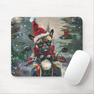 Mousepad Natal do Buldogue Francês Andando Motocicleta