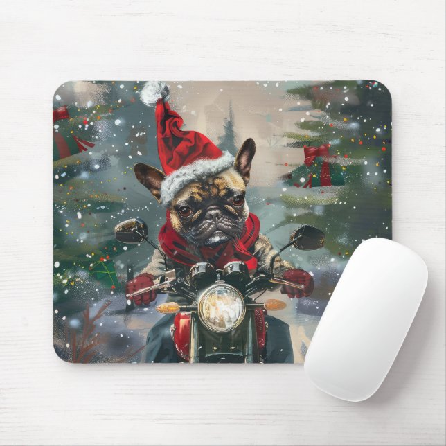 Mousepad Natal do Buldogue Francês Andando Motocicleta (Com mouse)