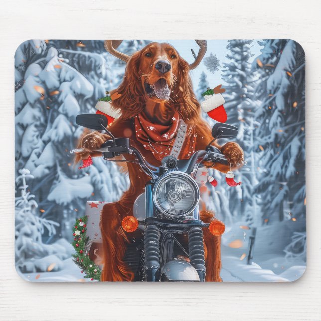 Mousepad Natal do Cão Vermelho Irlandês a Andar a Moto (Frente)