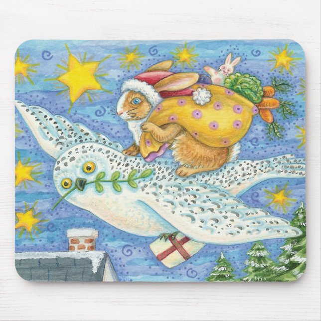 Mousepad Natal fofo com Coelho como Papai Noel em uma coruj (Frente)