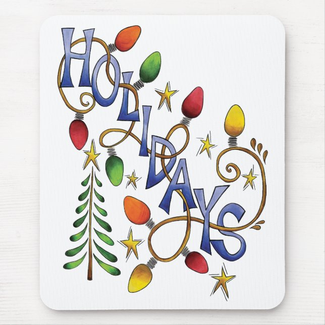 Mousepad Natal Fofo, Luzes e Estrelas com Texto de Feriado (Frente)