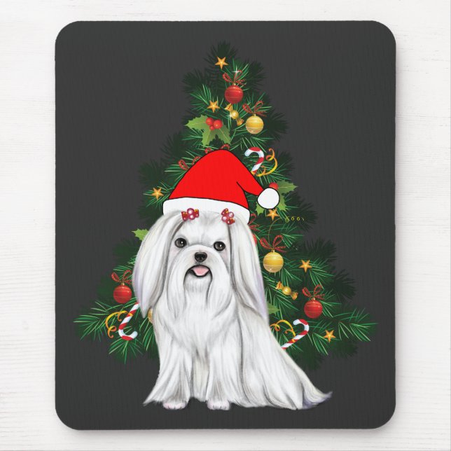 Mousepad Natal Maltês, Xmas Maltês Cachorro com chapéu de P (Frente)