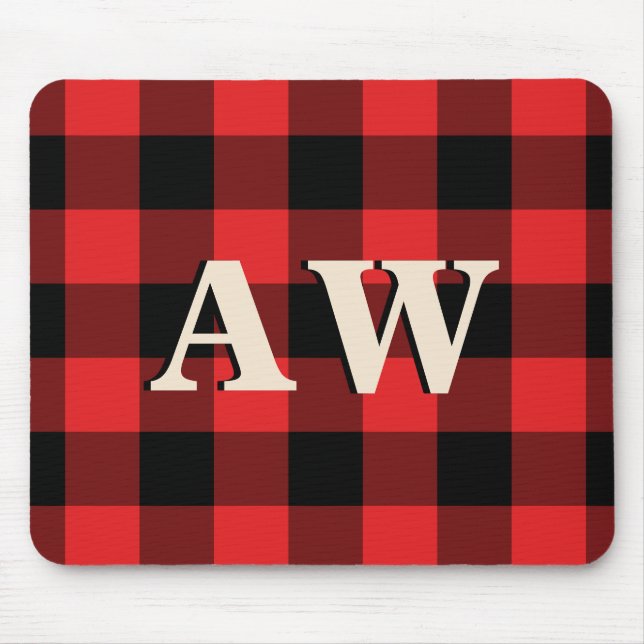 Mousepad Natal Monograma Vermelho Negro Gingham (Frente)