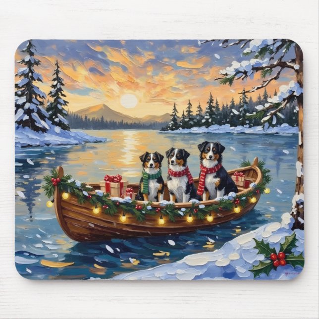 Mousepad Natal no barco com Australian Shepherd (Frente)