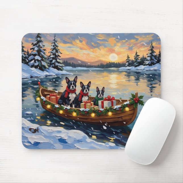 Mousepad Natal no Barco do Boston Terrier (Com mouse)