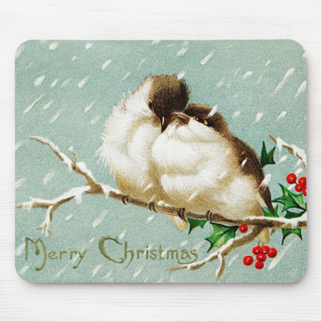 Mousepad Natal pássaros vintage alegre retrô (Frente)